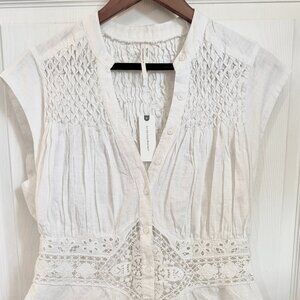 Anthropologie White Smocked Waist Handkerchief Hem Top Size L NWT